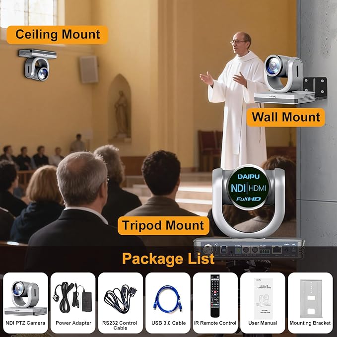 NDI PTZ Camera 30X Optical Zoom 1080P60 HDMI USB3.0 SDI LAN PoE AI Auto Tracking Conference Room Camera 1/2.8CMOS Sensor 255 Presets for Church Worship Live Streaming Business Video Conference