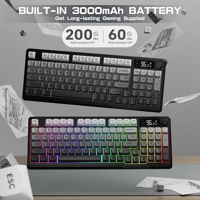 LexonElec M96 Wireless Keyboard Low Profile Quiet Typing Membrane Gaming Keyboard with Smart Display &amp Knob RGB Backlit USB C Rechargeable 94 Keys PBT Keycap for Windows PCMacLinux-Moonlit N