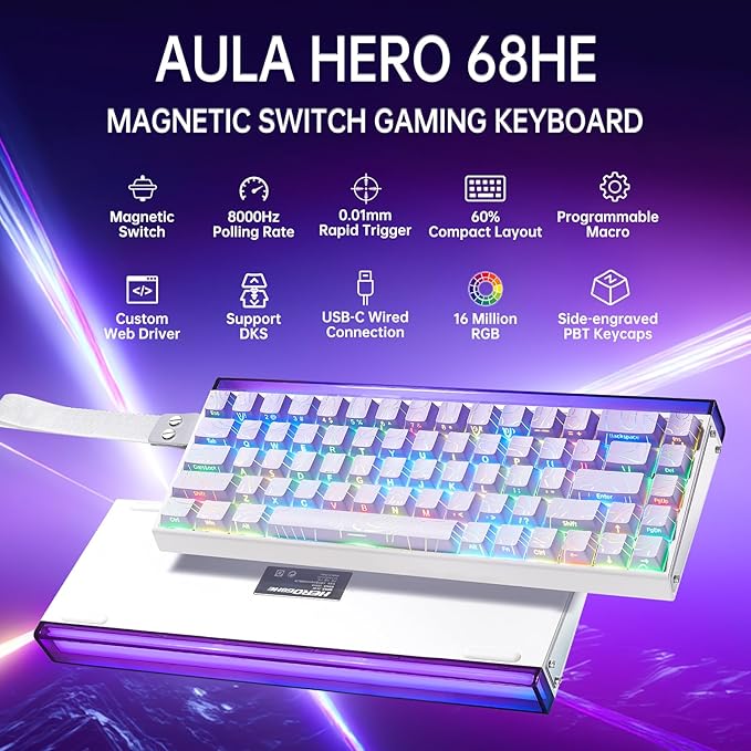 x AULA HERO 68 HE 60% Gaming Keyboard Wired Hall Effect Mechanical Keyboard Mini with Adjustable Actuation Rapid Trigger Mode 8K Hz Polling Rate0.125ms LatencySide Printed PBT KeycapsRGB Backlit