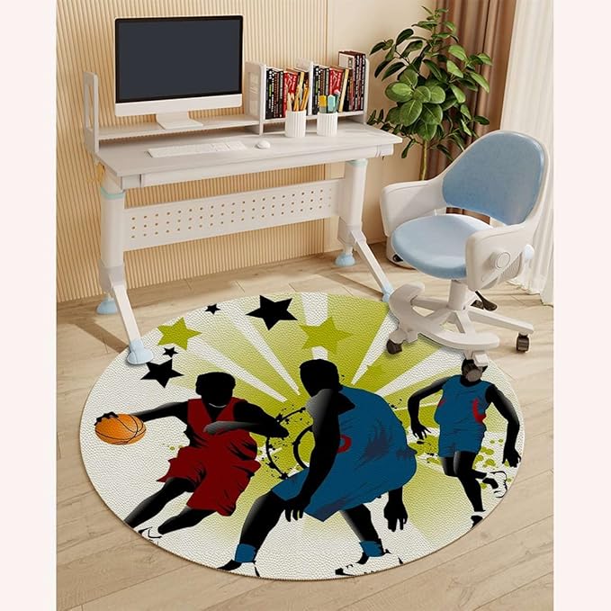 Black Green PU Leather Office Chair Mat for Hardwood Floor Anti-Slip Desk Chair Mat Basketball Player Silhouette Desk Chair Mats Low-Pile Carpet Anti-Slip Floor Protector Rug Diameter 35.4 in
