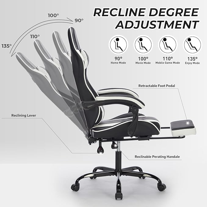 Ergonomic Office Chair Gaming Chair Home Office Computer Chair 330lbs 3-Level Tilt Backrest with Footrest Comfortable Headrest and Lumbar Support Swivel Rolling Seating (White)