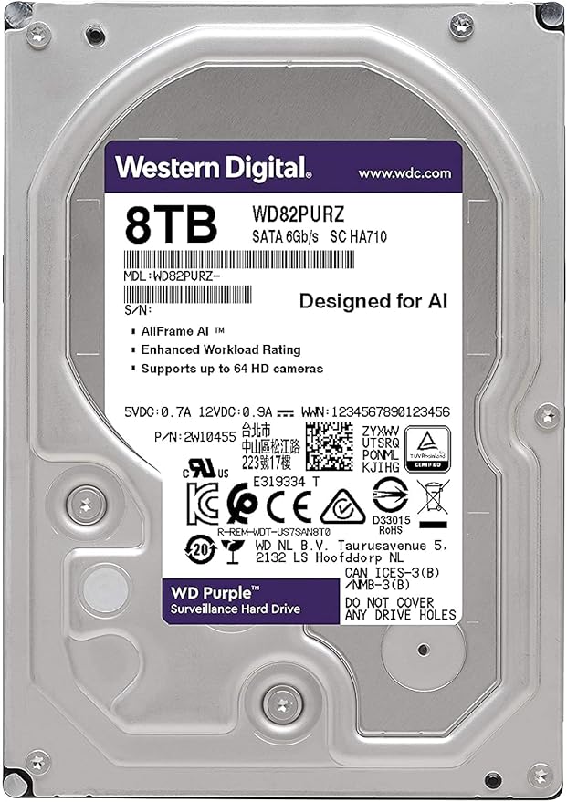 Western Digital - WD 8TB Purple Surveillance Internal Hard Drive - 7200 RPM Class SATA 6 Gb/s 256MB Cache 3.5 Crypto Chia Mining - WD82PURZ - BROAGE HDMI Cable Solid State Drive