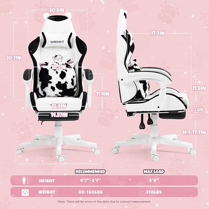 Gaming Chair with Cute Ears &amp Cow Lumbar Pillow Ergonomic Racing Style Computer Chair with Footrest Reclining High Back PU Leather Video Gamer Chairs for Girls &amp Kids &amp Adults (White+Bla