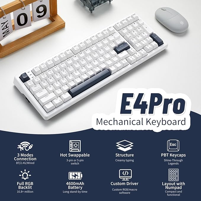 Wireless Mechanical Keyboard with Wrist RestTri-Mode BT5.0/2.4GHz/USB-C Hot Swappable Custom KeyboardPre-lubed Clicky SwitchesRGB Backlit Computer Gaming Keyboards for PC/Tablet/PS/Xbox(White)