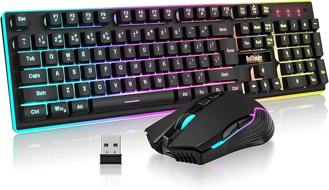 RedThunder K10 Wireless Gaming Keyboard and Mouse Combo LED Backlit Rechargeable 3800mAh Battery Mechanical Feel Anti-ghosting Keyboard + 7D 3200DPI Mice for PC Gamer (Black)