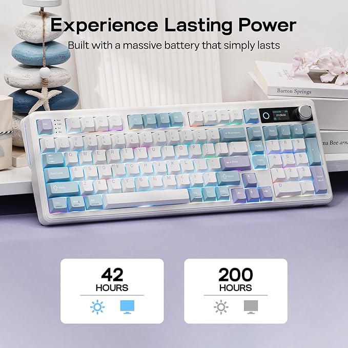 EPOMAKER TH99 PRO 96% Mechanical Keyboard with Screen &amp Knob 10000mAh 2.4Ghz/BT Hot Swap Custom Driver RGB Backlight PBT Keycap Wireless Gaming Keyboard for PC/Mac (Blue&ampWhite Sea Salt