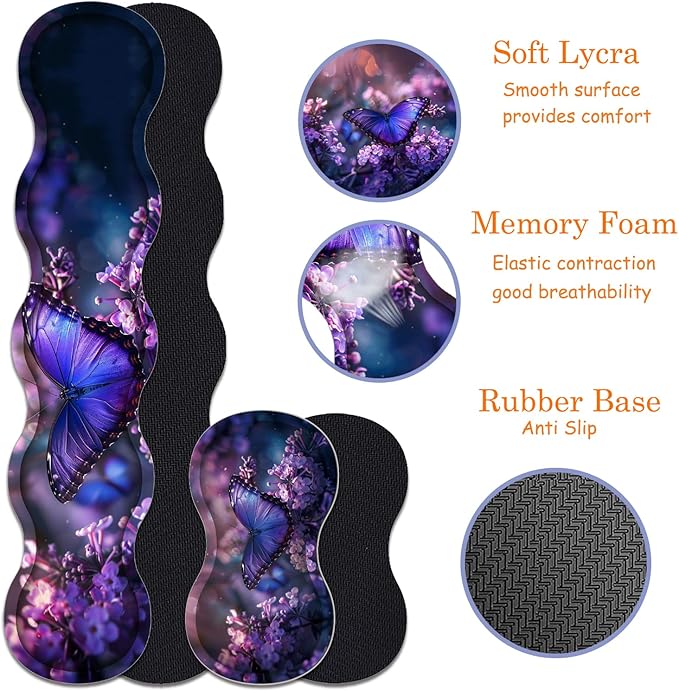 Large Gaming Mouse Pad + Keyboard Wrist Rest + Wrist Support + Coaster Set Memory Foam Ergonomic for Easy Typing XXL Extended Gaming Mouse Pad Table Pad - Purple Butterfly