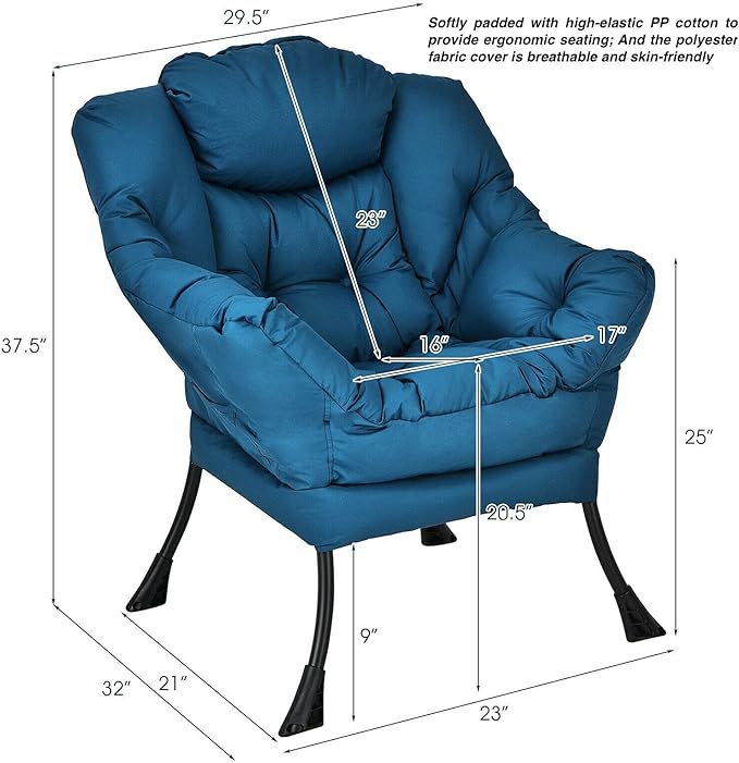 Navy Blue Polyester Fabric Lazy Chair Upholstered Single Sofa Chair With Side Pocket Soft Headrest Thick Seat Cushion Curved Armrest Perfect For Watching TV Relaxing Reading Playing Video Games