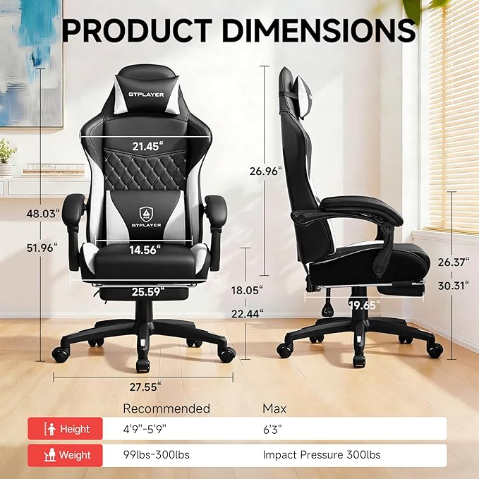 GTPLAYER Gaming Chair High Back Leather Computer Game Chair with Footrest Ergonomic Height Adjustable Office Chair with Removable Cover and Lumbar Support for Gaming and Work (WTwith Leather Cover)