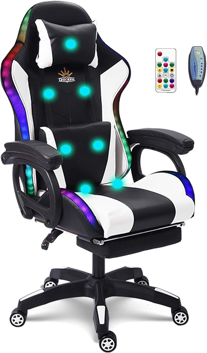 Gaming Chair with 7-Point Massage Function Ergonomic Computer Chair with Footrest and Lumbar Support Video Gaming Chair with RGB Lights and Speakers Adjustable Backrest Swivel ChairWhite
