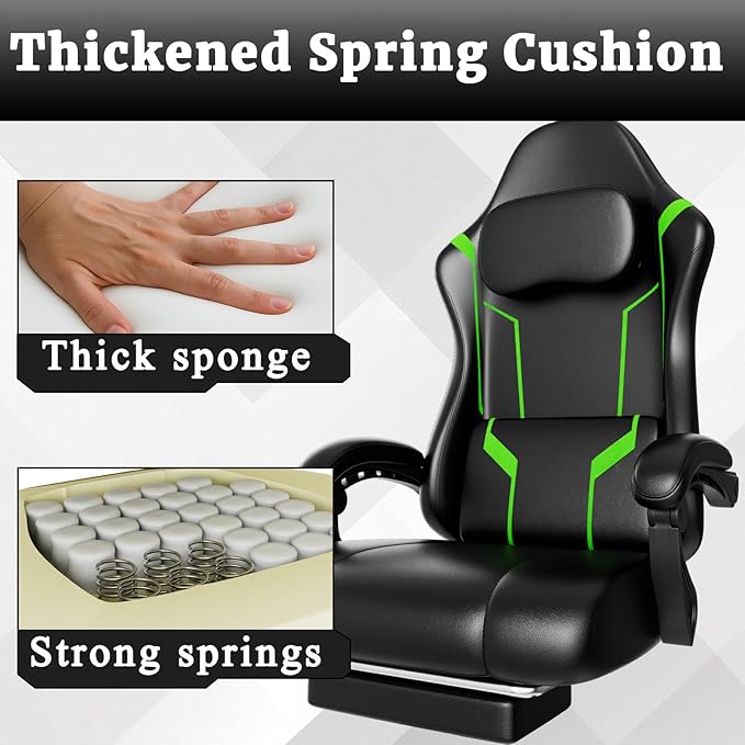 Gaming Chair with Pocket Spring Cushion &amp Footrest - Ergonomic Computer Chair with Adjustable Height Headrest &amp Swivel SeatFaux Leather Green