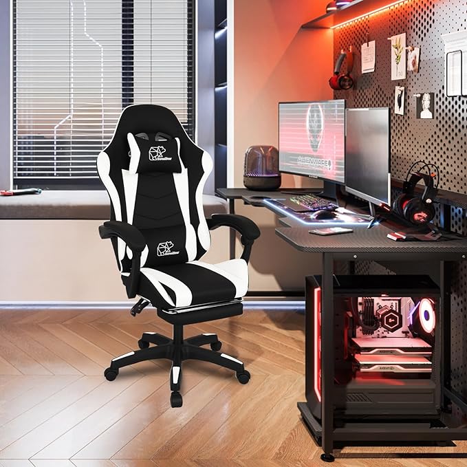 Gaming Chair Office Chair Reclining High-Back PU Leather Computer Desk Chair with Headrest and Lumbar Support suitable for gaming chairs office storage office shelving and more（Black+White）