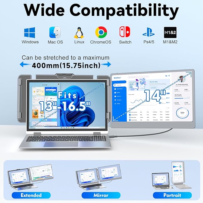 KEFEYA Laptop Screen Extender 2K 2160x1440 QHD Laptop Monitor Extender Dual Screen 14” Portable Monitor for Laptops 13-17 with USB-C/HDMI Port Plug n Play for Windows/Mac/Android/Switch/PS5