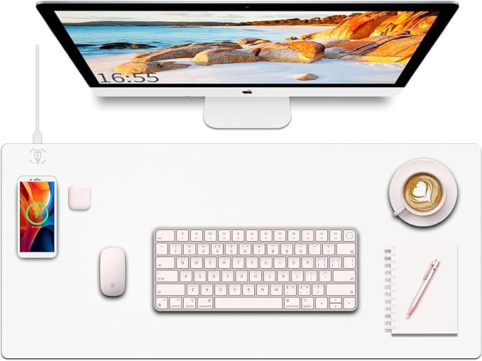 Desk Mat with Wireless Charging White Mouse Pad with Wireless Charger Desk Pad Matt for Desktop Mousepad Gaming Large Mouse Pad Leather Compute for Keyboard and Mouse 32 x 16