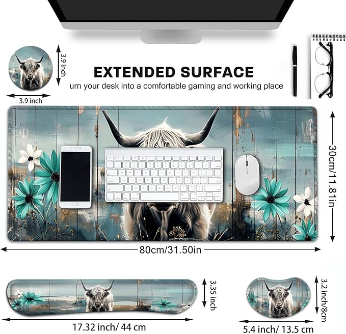 Large Gaming Mouse Pad+ Keyboard Wrist Rest Set Ergonomics Memory Foam Mouse Mat Wrist Rest Support for Home Office Waterproof Extended Mousepad 31.5x11.8in Highland Cow Desk Pad