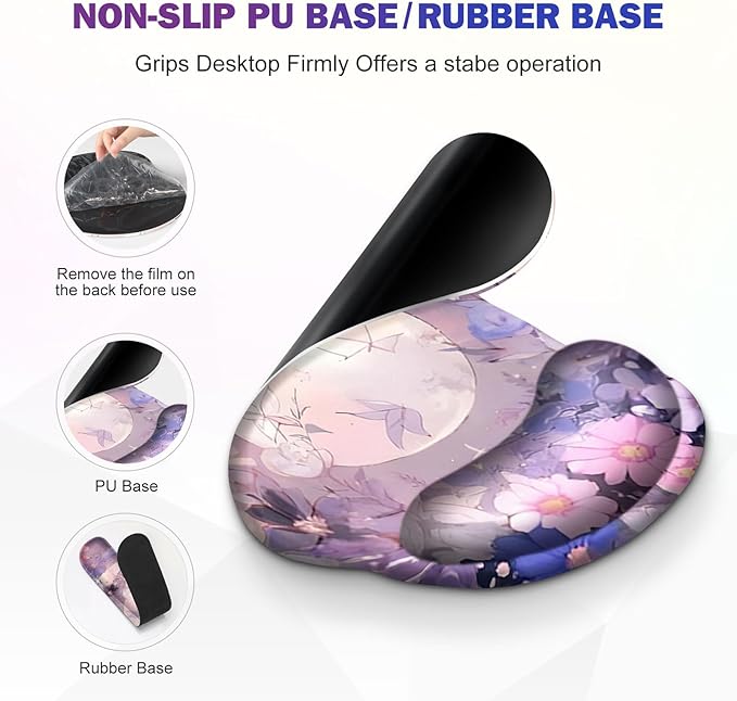 Large Desk Mat Gaming Mouse Pad Desk Pad Protector XXL Mousepad + Keyboard Wrist Rest+Mouse Wrist Rest+Coaster Set with Ergonomic Desk Pad for Home Office PC Computer Pastel Purple Flower Moon