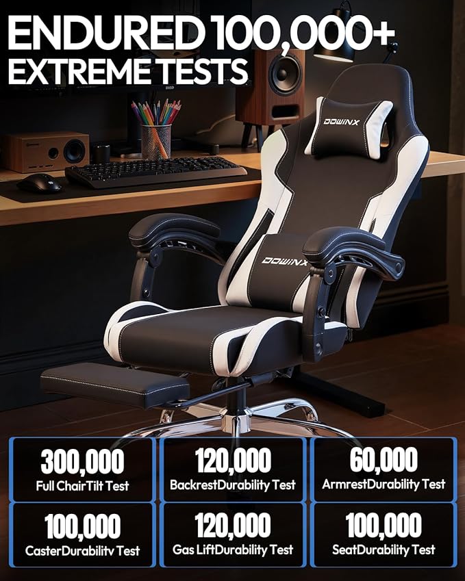 Dowinx Ergonomic Gaming Chair with Footrest &amp Massage Lumbar 2D-Linkage Armrests for Computer Chair 330lbs with Headrest Pillow for Office Home Streaming and Long Gaming Sessions White