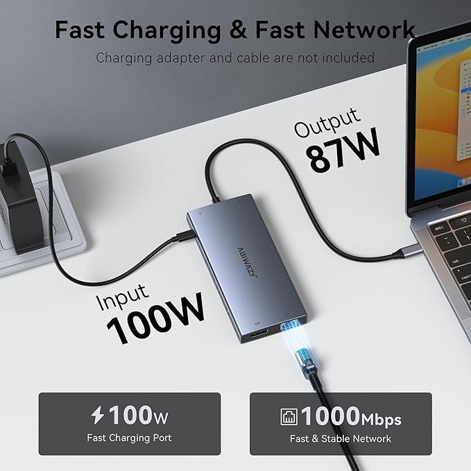 USB C Laptop Docking Station Dual Monitor ABIWAZY 15 in 1 USB C Hub Triple Display with 8K DisplayPort 2 HDMI 4K 6 USB A/C Ports 100W PD Ethernet Audio SD/MicroSD for Dell/HP/Lenovo