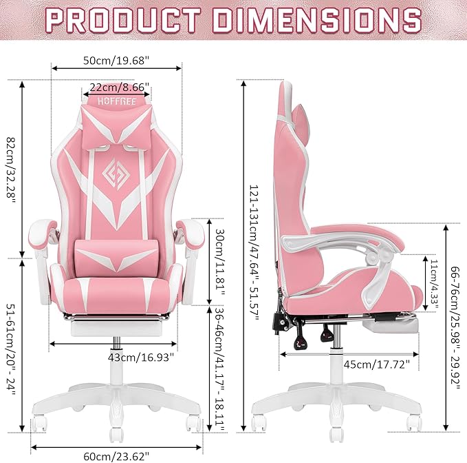 RGB Gaming Chair with LED Lights Massage Ergonomic Video Game Chairs with Footrest High Back Reclining Computer Chair with Lumbar Support Adjustable Footrest Pink and White