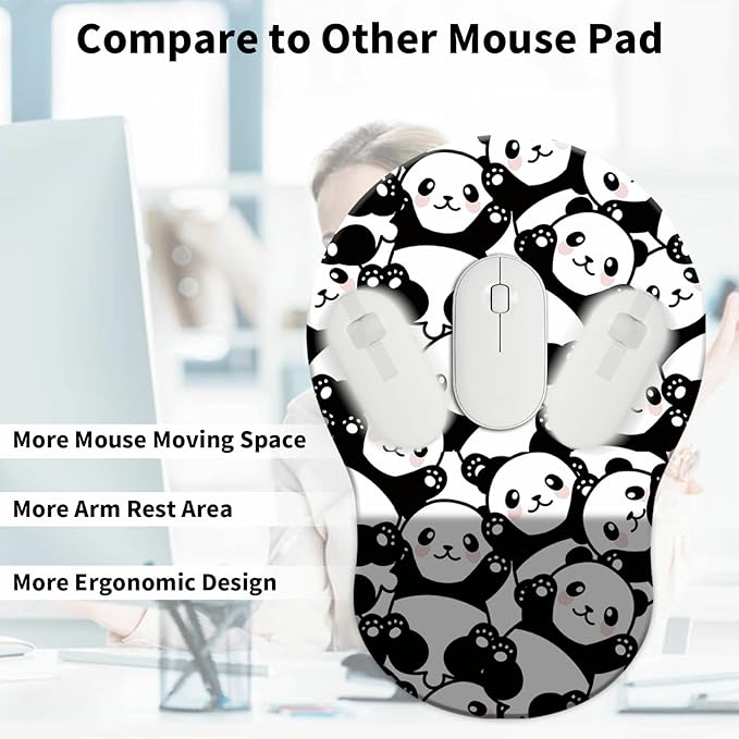 Mouse Pad with Wrist Support Gel Cute Panda Pattern Design Ergonomic Gaming Mousepad with Wrist Rest for Laptop Computer Home Office Working Mouse Mat + A Cute Coffee Pad