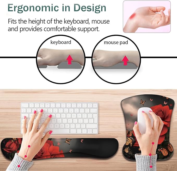 Keyboard Wrist Support + Wrist Mousepad + Coaster Combination Non-Slip PU Base with Gel Memory Mousepad Suitable for Gaming Office Pain Relief Mousepad Set - Flower Butterfly Pink Rose