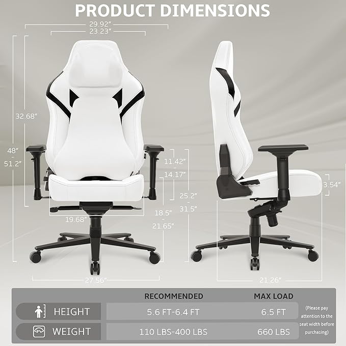 Ergonomic Gaming Chair Wyrdforging Computer Desk Chairs 4D Armrests High Back Office Chair With Headrest &amp Lumbar Pillow Tilt Rocker Recliner Heavy-Duty Base White PU Leather &amp Black Sue