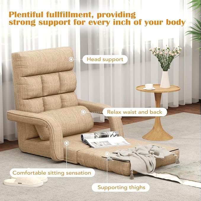 Floor Gaming Chair 6 Position Adjustable Indoor Chaise Lounge Chair for Teens Adults Padded Folding Meditation Sofa with Armrests and Pillow Comfy Chair for Teens Adults Pets - Light Camel