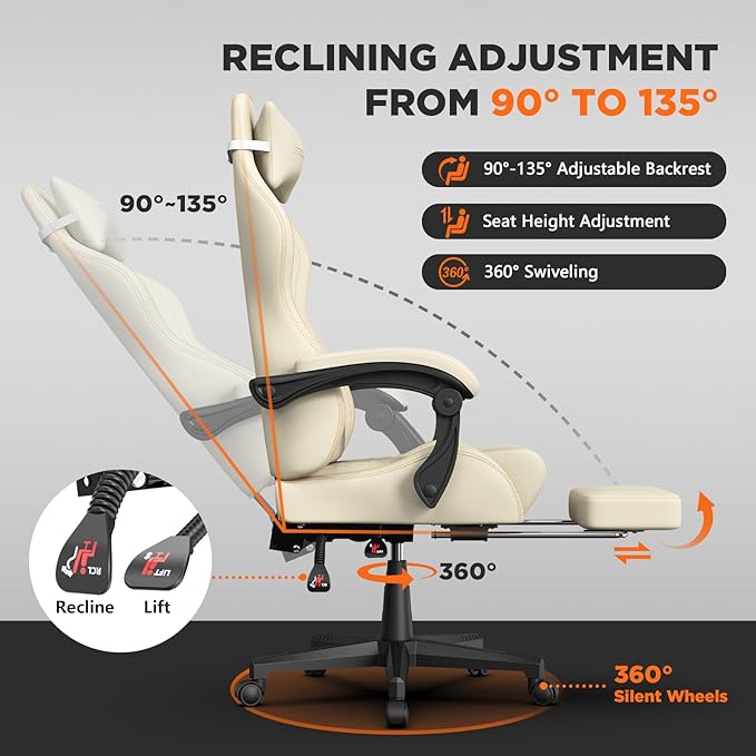 Ferghana Vintage PU Leather Gaming Chair Ergonomic Gamer Chair with Massage High Back Computer Office Chair with Footrest for Adults Racing Style Reclining Video Game Chair (Beige)