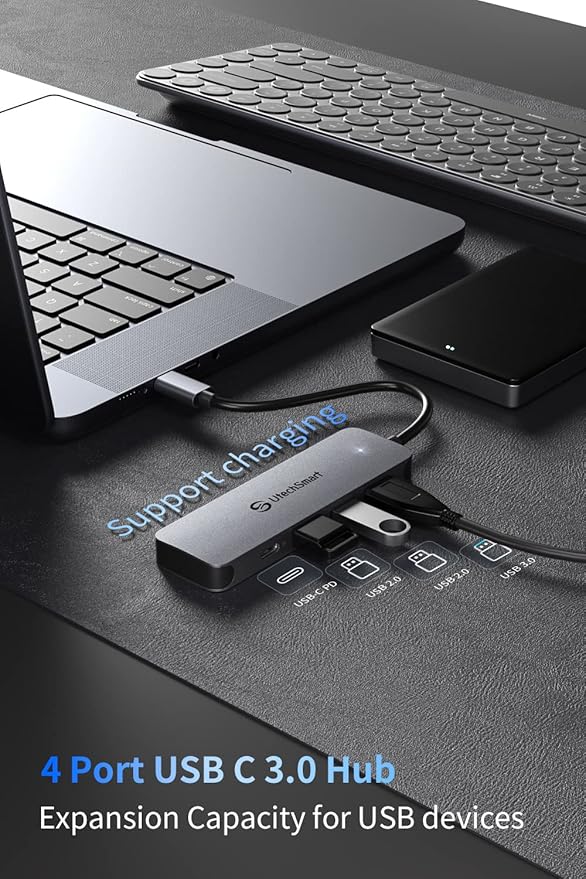 UtechSmart USB Hub 4-Port USB 3.0 Hub Ultra-Slim USB Adapter for Laptop 5Gbps Fast Data Transfer USB 3.0 Splitter for Dell HP MacBook (Grey)
