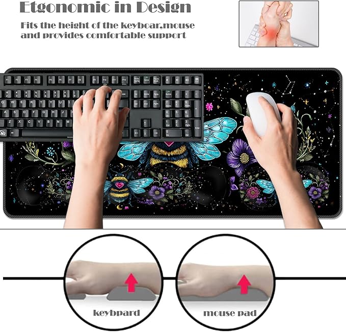 Ergonomic Keyboard Wrist Rest &amp Mouse Pad Wrist Rest SetXL Gaming Desk Mat 31.5x 11.8Non-Slip BaseMemory FoamEasy Typing Pain Relief for Office &amp HomeBee with Flowers
