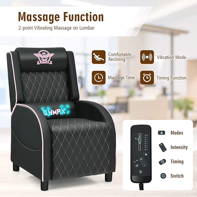 POWERSTONE Gaming Chair Recliner with Footrest Breathable PU Leather Massage Recliner - Ergonomic Sofa Computer Chair with Lumbar Support Headrest and Side Pouch for Living Room Home TheaterPink