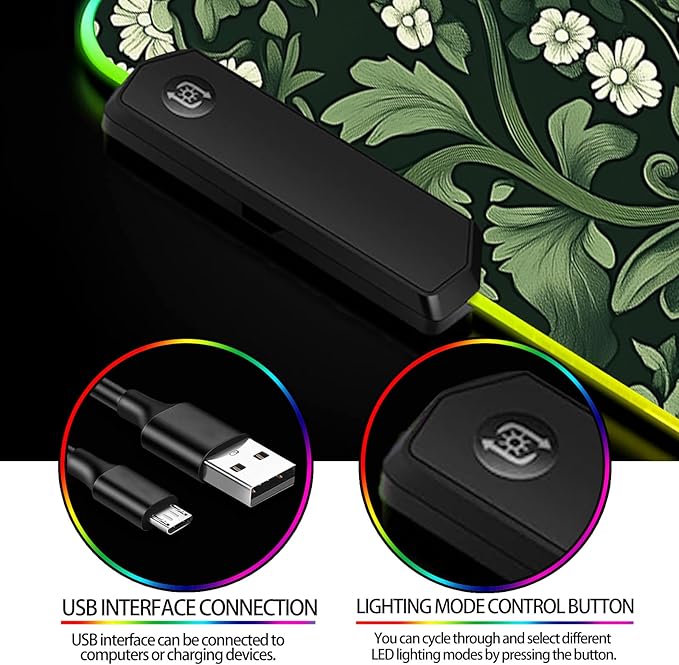 RGB Green Plant Wildflower Gaming Desk Mat Computer Keyboard Large Extended Long Floral LED Mouse Pad for Office and Home XL (W26)