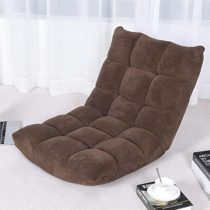 Floor Chair Lounger Folding Gaming Sofa Chaise Lounge with 14 Adjustable Position Steel Frame Sponge Padded Sleeper Bed Couch Recliner (Brown)