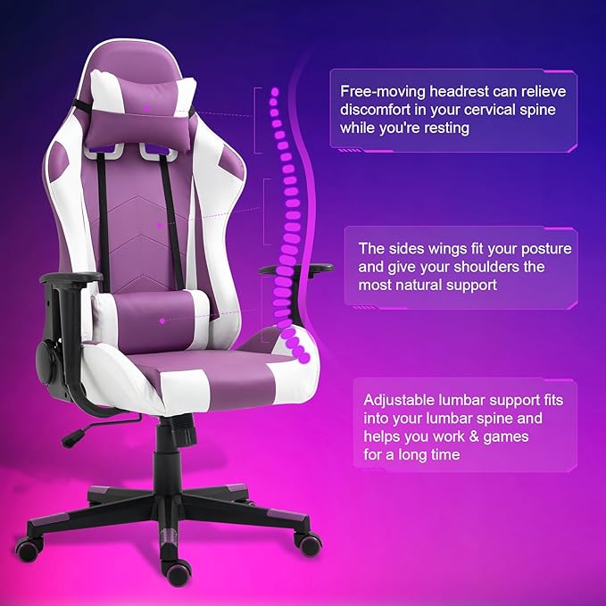 DIKEP Game Chair High-Back Recliner Chair with Headrest and Lumbar Support PU Leather Ergonomic Racing Gaming Chair with Height Adjustable and Headrest 360° Swivel Seat for Adults - Purple &amp Whi