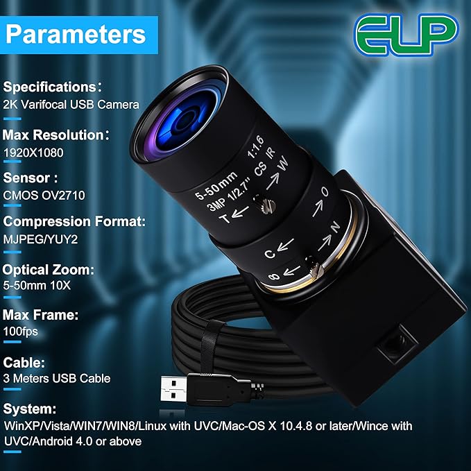 1080P USB Camera Manual Zoom Webcam for Computer 5-50mm Varifocal Lens USB with Camera Mini UVC USB2.0 Variable Focus PC Camera for Laptop High Speed 100fps 60fps CCTV Industrial Close-up Camera