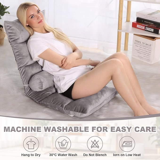 Folding Floor Chair 5-Position Cushioned Adjustable Lazy Sofa Foldable Floor Lounger for Adults Kids Gaming Reading Meditating (Gray)