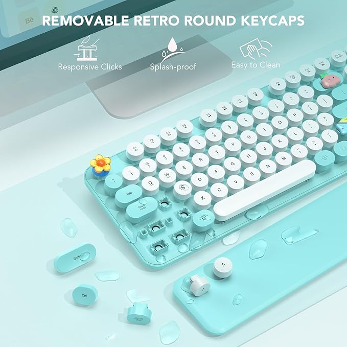 Wireless Keyboard Round Keycaps Retro Typewriter Keyboard with Detachable Wrist Rest Sleep Mode Foldable Legs 2.4GHz Full-Size Cordless Computer Keyboard for Windows/PC/Laptop (Tiffany Blue)