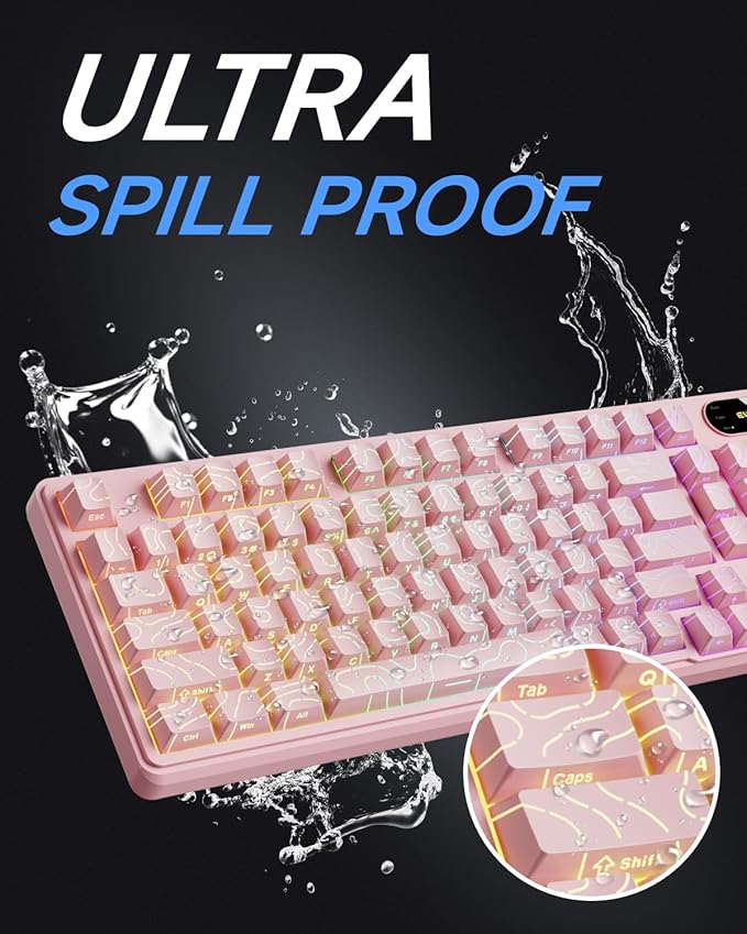 V102 Wired Keyboard 98 Keys Creamy Gaming Keyboard with Number Pad Display Screen &amp Media Knob RGB Silent Wired Cute Computer Keyboard for Laptop PC Gamer - Light Pink