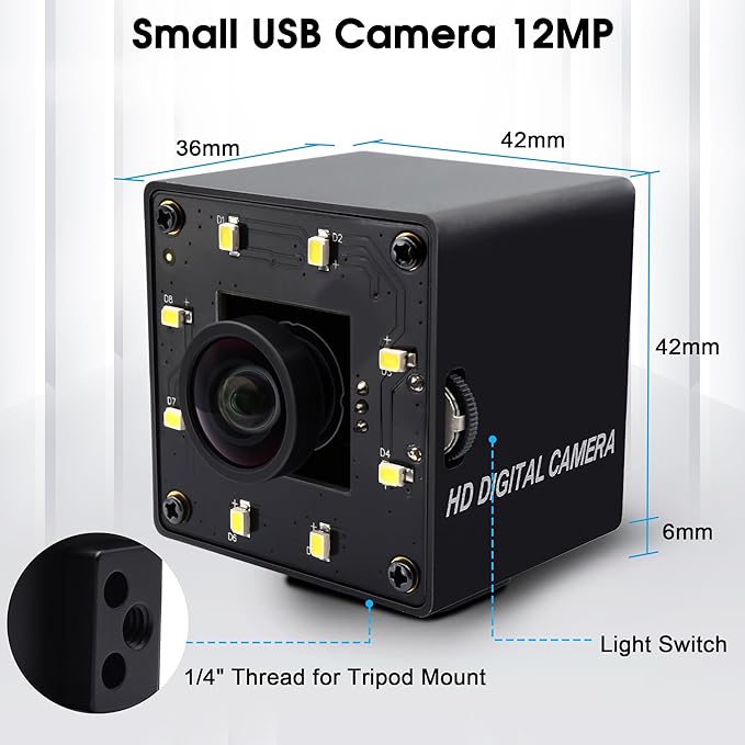 SVPRO 12MP USB Camera with Light 4K Webcam 30fps / 1080P 120fps High Speed IMX577 Sensor Low Light USB Plug and Play for Lightburn PC/Laptop Comptible with Windows/MacOS/Linux/Android