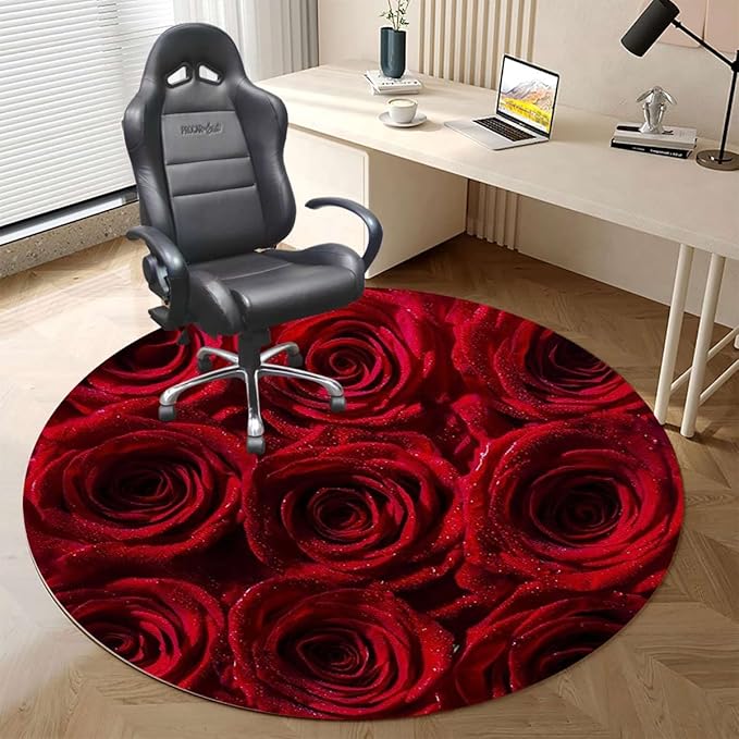 Red Black PU Leather Carpet for Hard Wood &amp Tile Floor Roses Bouqet of Affection Chair Rugs Floor Protectors Mat Computer Chair Mat for Rolling Chair Dark Red Image Diameter 35.4 in