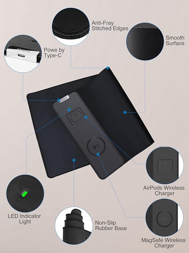 TopMade Mouse Pad with 15W Fast Wireless Charging 31.5x11.81 XL Large Gaming Mousepad Waterproof Desk Pad Classic Black Computer Desk Mat(Includes 20W PD Power Adapter &amp 6.56ft Woven Cable)