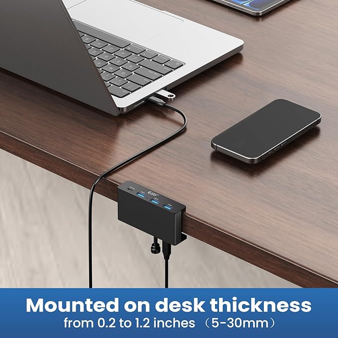 EJAY Mountable 4Ports USB3.0 HUB Alu Desktop Clamp Type C USB3.0 Splitter for Desk/Monitors with Extra Power Supply Port59inches Data &amp 39inches Power Cables-5Gbps(3A1C) (JK-3A1C-BK)