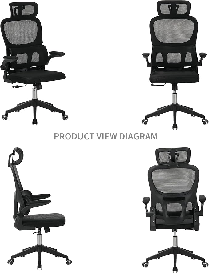 High Back Ergonomic Office Chair - Big and Tall Mesh Desk Chair with 3D Adjustable Headrest &amp Lumbar Support Swivel Computer Task Chair for Home Office Wide Seat 300lbs Capacity (Black Model F