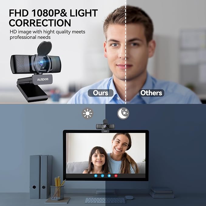 AUSDOM AF640 1080P Webcam with Microphone 90°FOV USB PC Camera Webcam with Privacy Cover Plug and Play Computer Camera for Online Calling/Conferencing Zoom/Skype/YouTube Laptop/PC