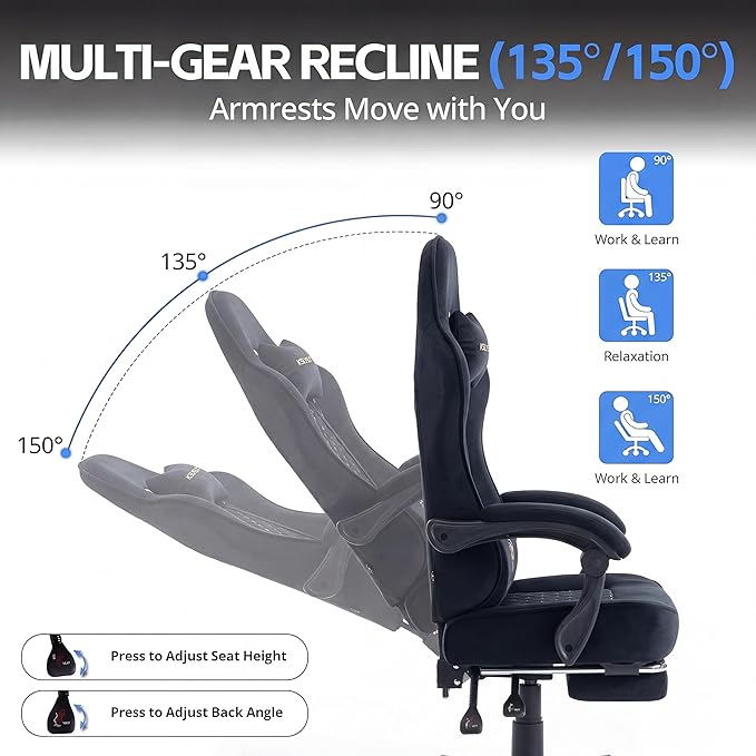 Desk Computer Gaming Chair - High Back Ergonomic Office Chair with Footrest and Lumbar Support Swivel Comfy Home Gamer Video Game Chairs with Pocket Spring Cushion for Adults (Black Fabric)