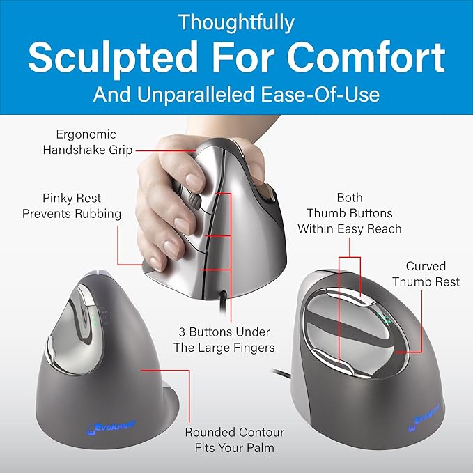 Evoluent – World's Original Vertical Mouse Wired Ergonomic Mouse for Right Hand Medium to Large Helps with Carpal Tunnel and Wrist Strain Customizable 6 Buttons 4 Speed Settings Comfortable Grip