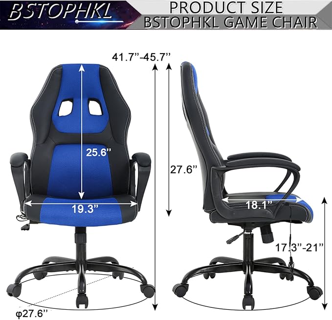 Gaming Chair Massage Office Chair Ergonomic Video Game Chairs Adjustable Reclining Computer Chair with Lumbar Support Armrest Headrest Task Rolling Swivel Chair Game Chair for Adult Teen Blue