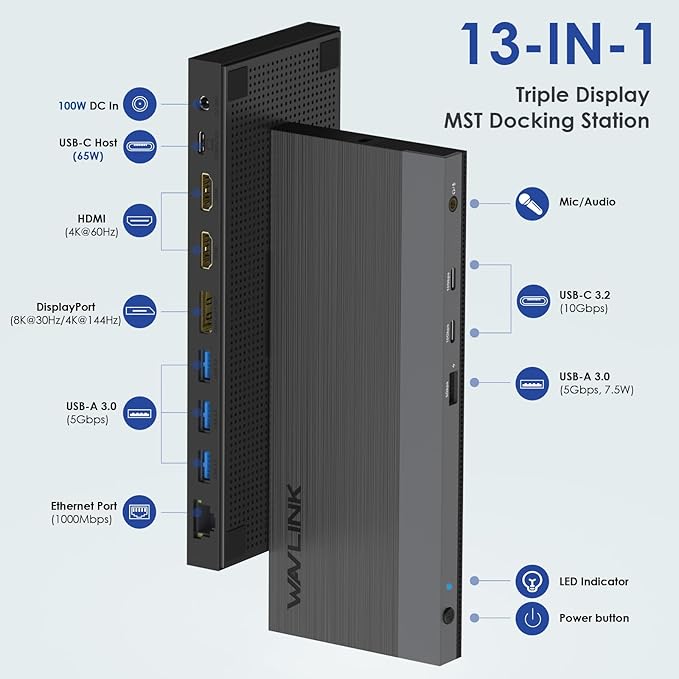 WAVLINK USB C Docking Station Triple Display Dual Monitor USB Type C to Dual HDMI Dock 2 HDMI DisplayPort 100W PD3.0 for Laptop Ethernet 4 USB 3.0 2 USB C Audio