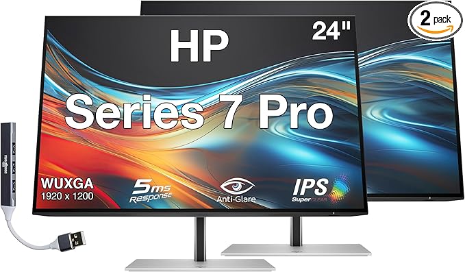 HP Series 7 Pro 24 WUXGA IPS Monitor with 5ms Response Time Anti Glare Flicker Free Pivot 350 Nits VESA Mount (100mm) Displayport HDMI &amp Dockztorm USB Port Expander Black/Silver Color 2 P