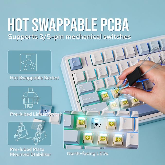 EPOMAKER x Aula F75 Gasket Mechanical Keyboard 75% Wireless Hot Swappable Gaming Keyboard with Five-Layer Padding&ampKnob BT/2.4GHz/USB-C RGB (Sea Salt Blue Ice Vein Switch)